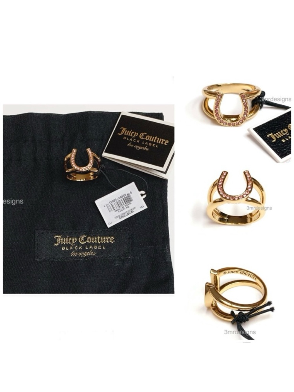 NWT Juicy Couture Black Label LUCKY IN LOVE 12-K Gold Plated Pink Crystals Ring